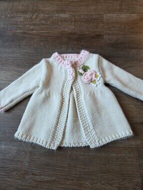 Huggalugs Poppy Sweater Natural Cream Knit Cardigan, Flower Baby Girl size 6-12M